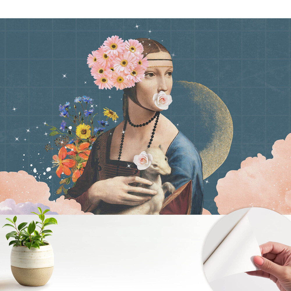 Öntapadós fotótapéta falra Szürrealista portré virágok között