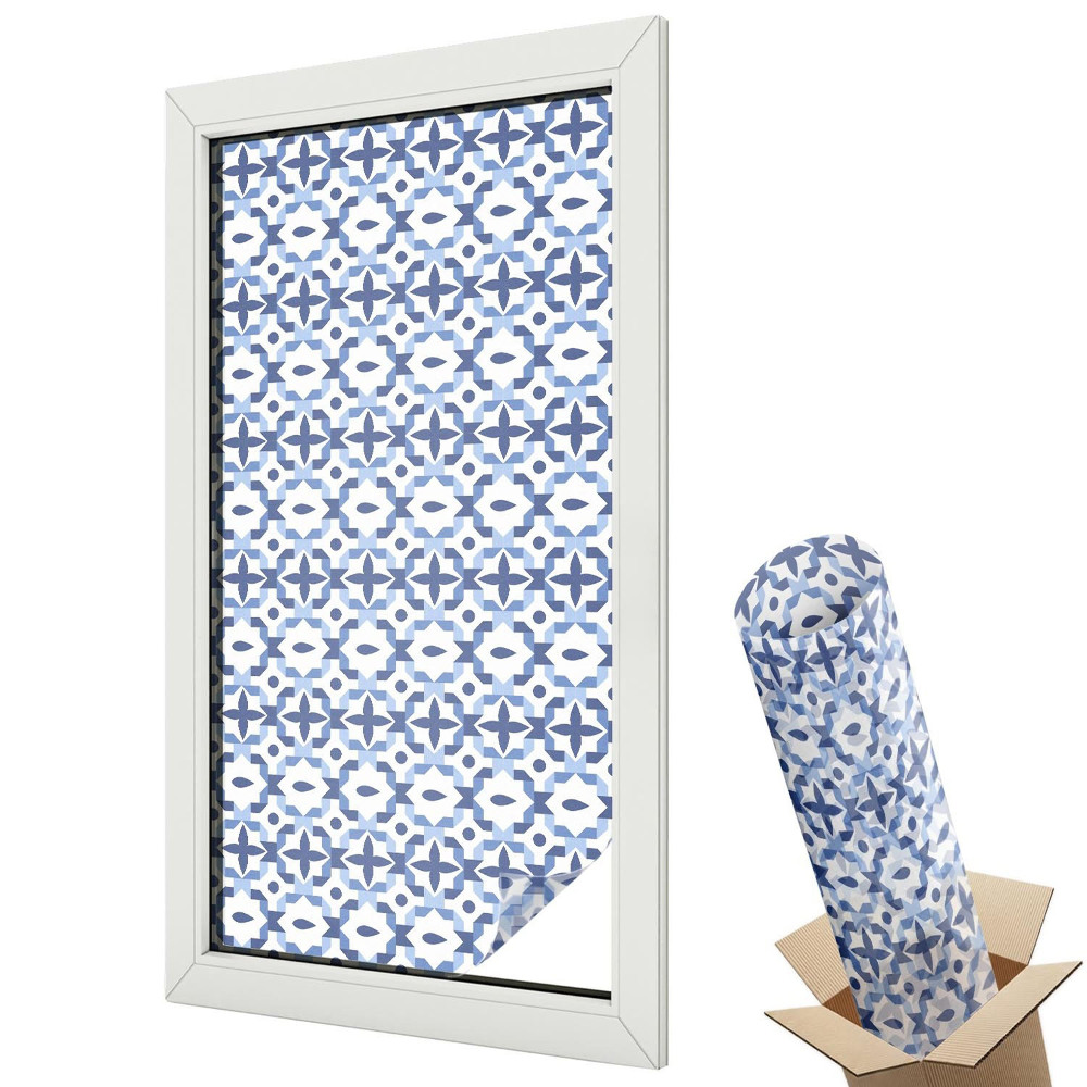 Ablakfólia ólomüveg hatással Geometrikus mozaik kékben és fehérben