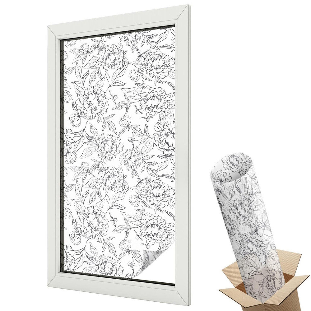 Ablakfólia ólomüveg hatással Virágzó pünkösdi rózsák szimmetrikus levelekkel