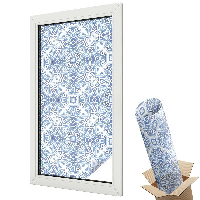 Ablakfólia ólomüveg hatással Kék szimmetrikus virágmintás