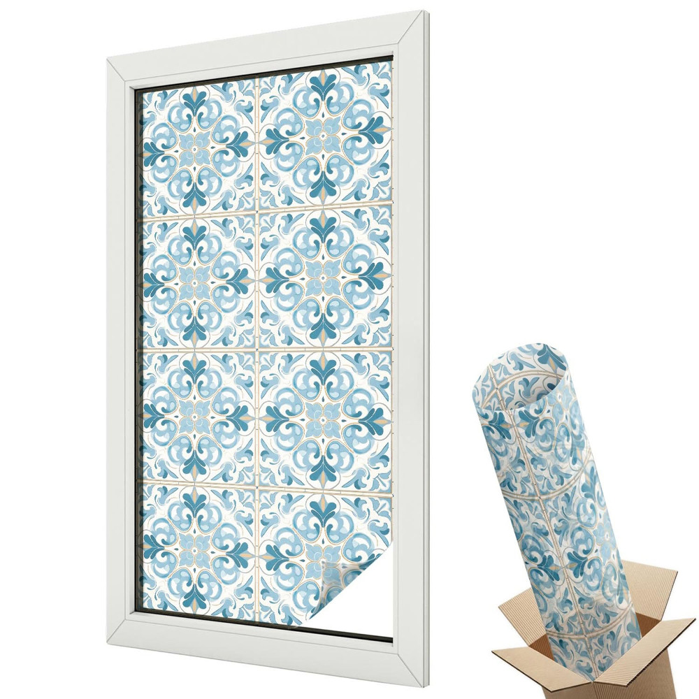 Ablakfólia ólomüveg hatással Modern kék geometrikus csempe