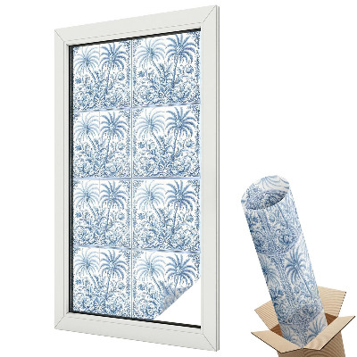 Ablakfólia ólomüveg hatással Egzotikus pálmafák klasszikus kék mintával