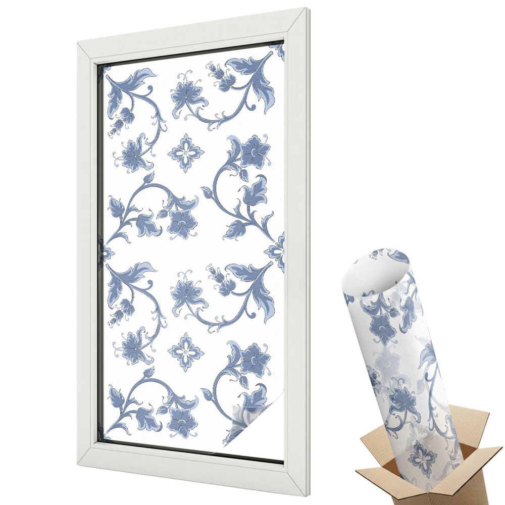 Ablakfólia ólomüveg hatással Kék virágdíszek