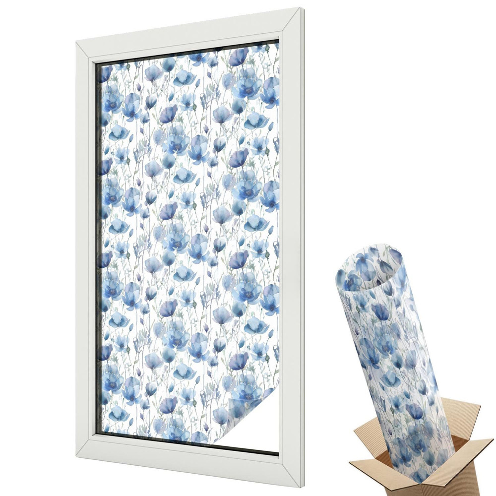 Ablakfólia ólomüveg hatással Kék virágmintás