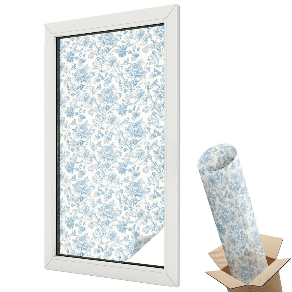 Ablakfólia ólomüveg hatással Kék virágok világos háttér előtt