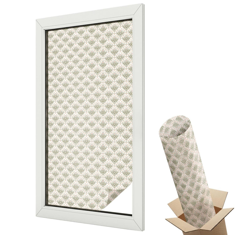 Dekoratív üvegfólia ablakra Elegáns növényi díszek zöld és rózsaszín színben