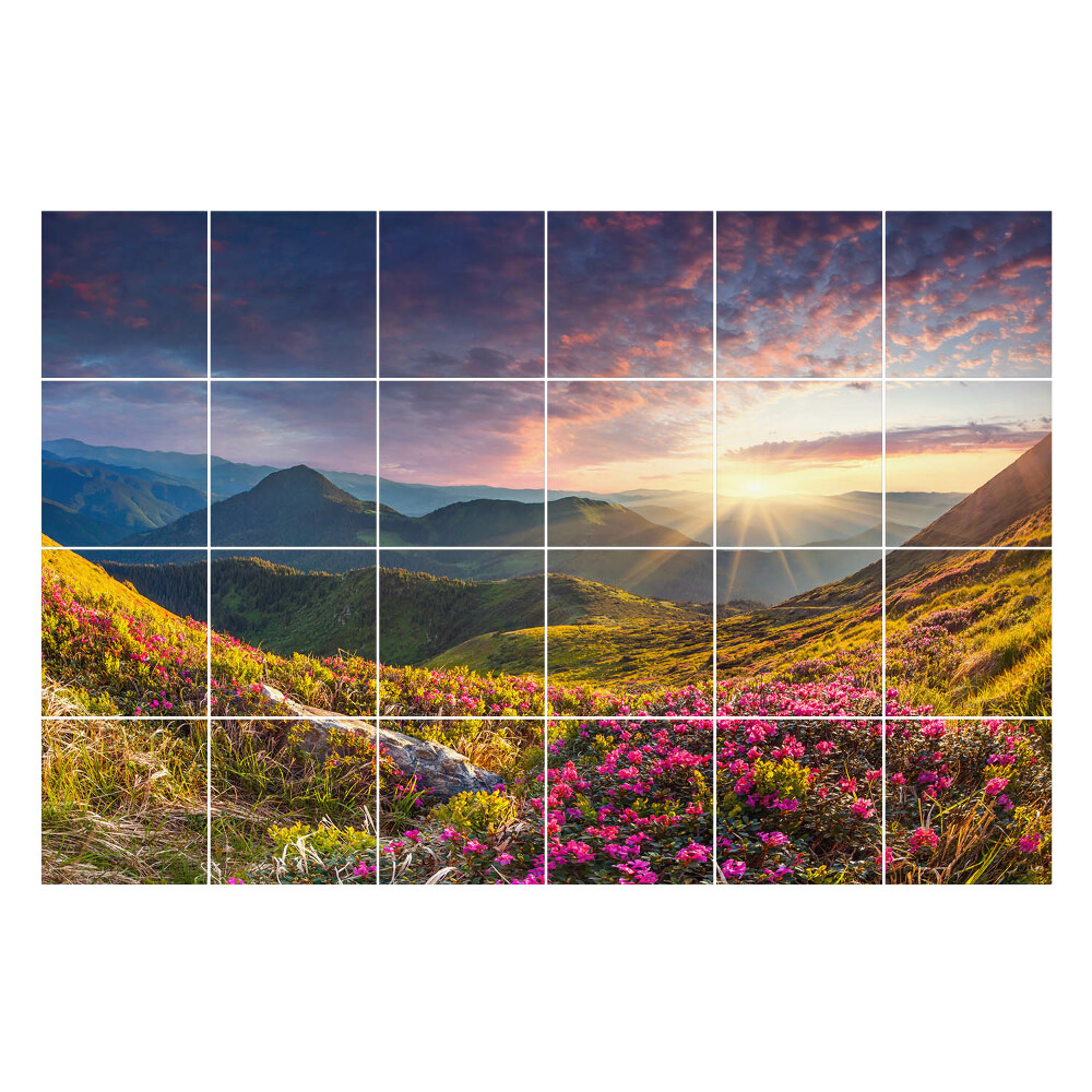 Fali csempe matrica Hegyi táj virágokkal