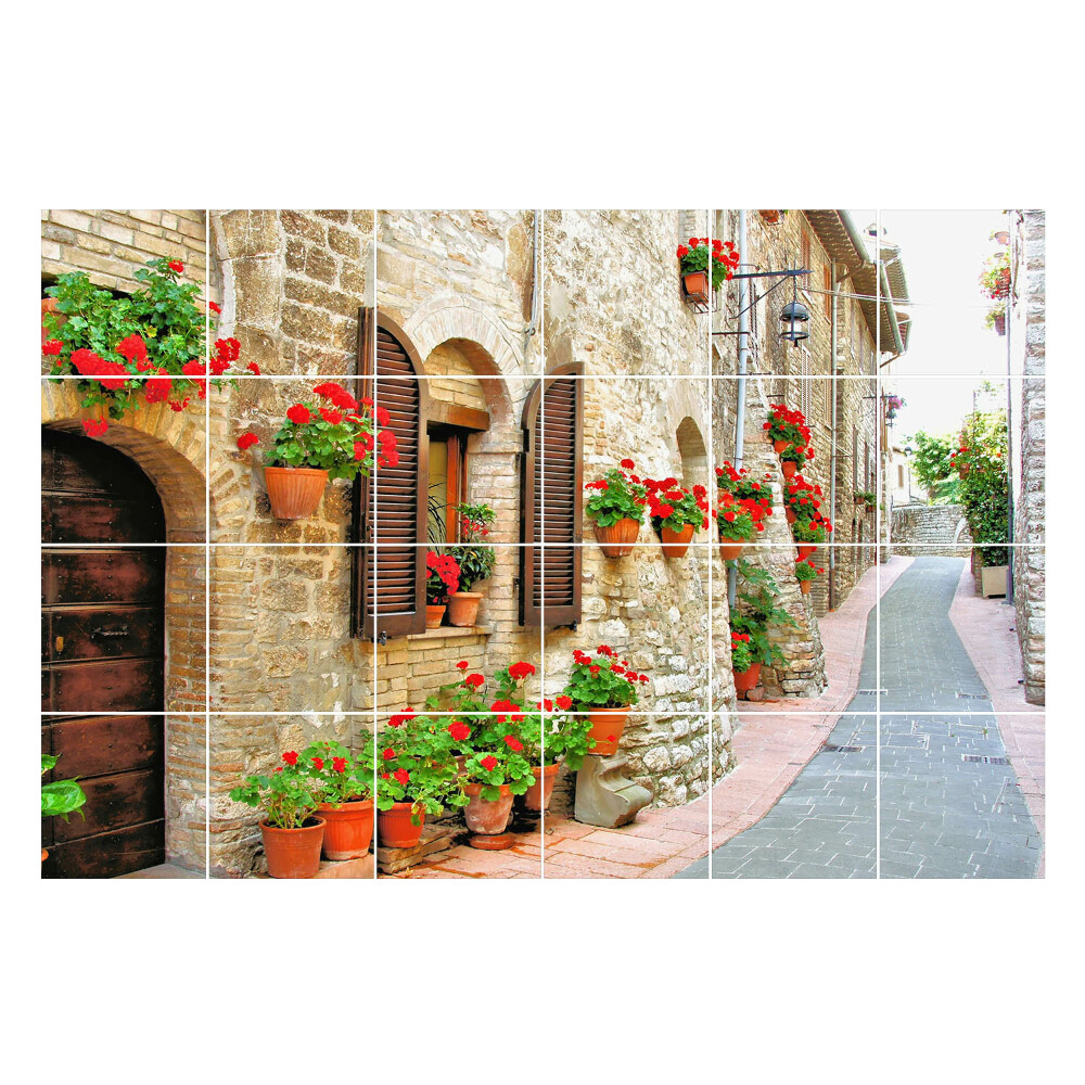 Fali csempe matrica Egy bájos utca virágokkal