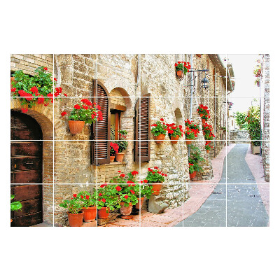 Fali csempe matrica Egy bájos utca virágokkal