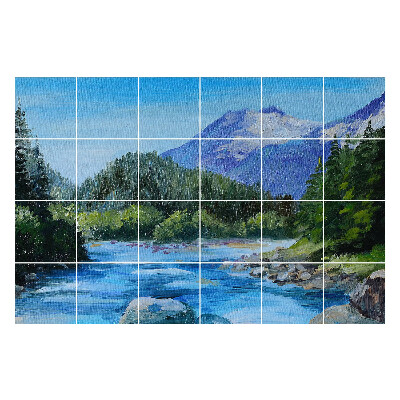 Öntapadós csempe matrica Hegyi táj folyóval