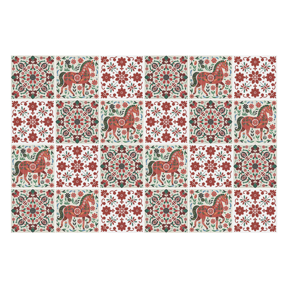 Fali csempe matrica Lovak és virágok folklórja