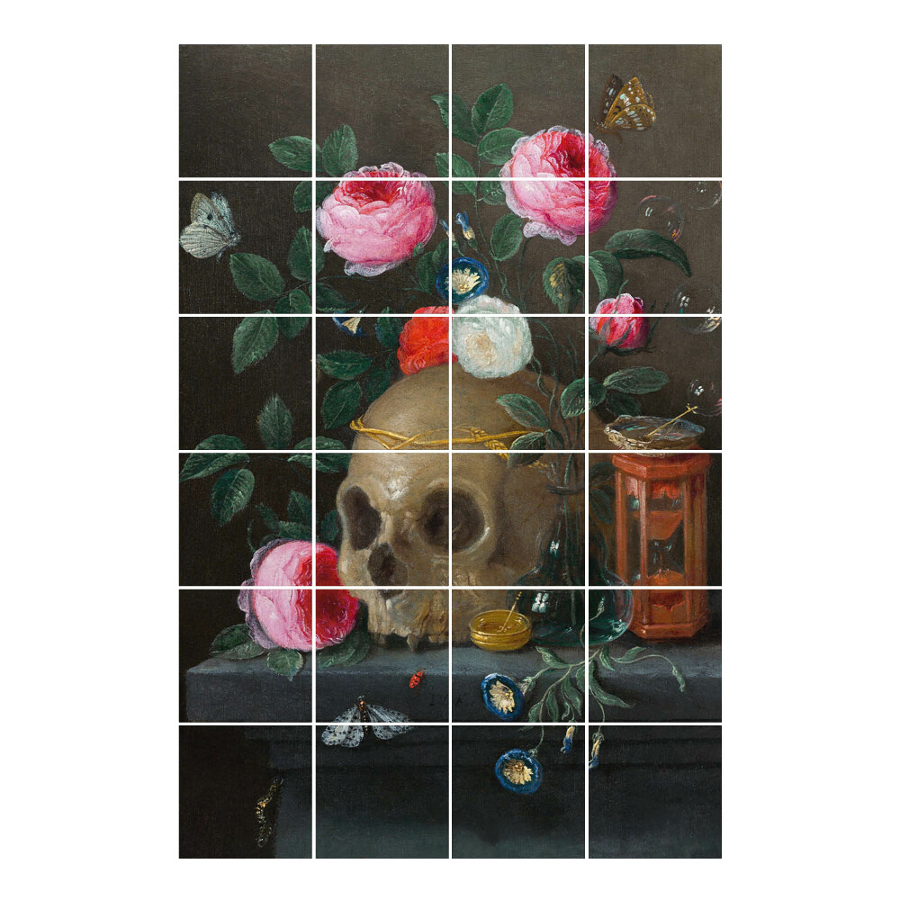 Vízálló csempe matrica Koponya a virágok között