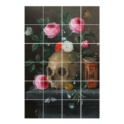 Vízálló csempe matrica Koponya a virágok között