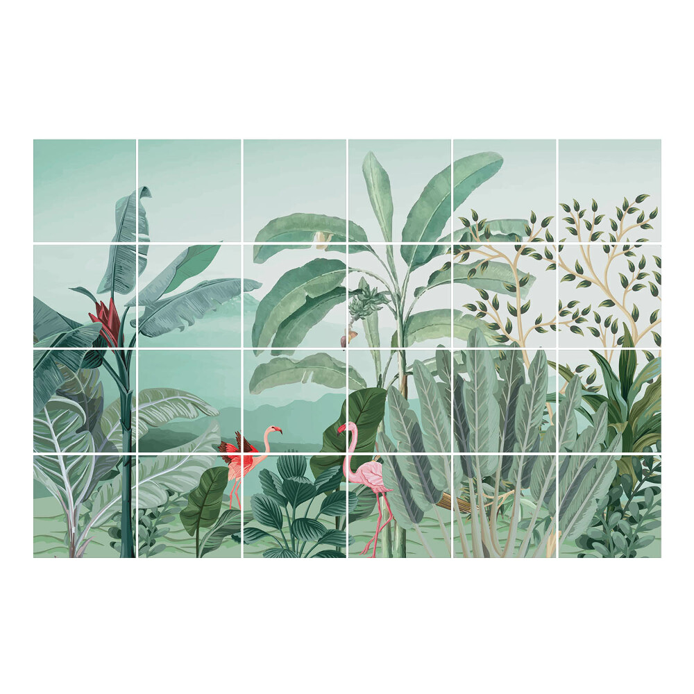 Vízálló csempe fólia Trópusi táj flamingókkal