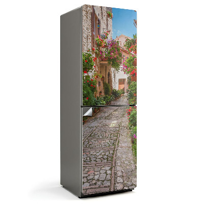 Hűtő matrica Egy bájos utca virágokkal