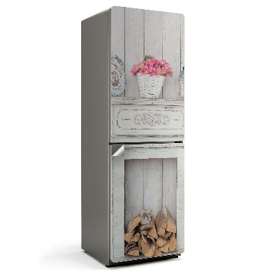 Hűtőszekrényre matrica Rusztikus kandalló virágokkal