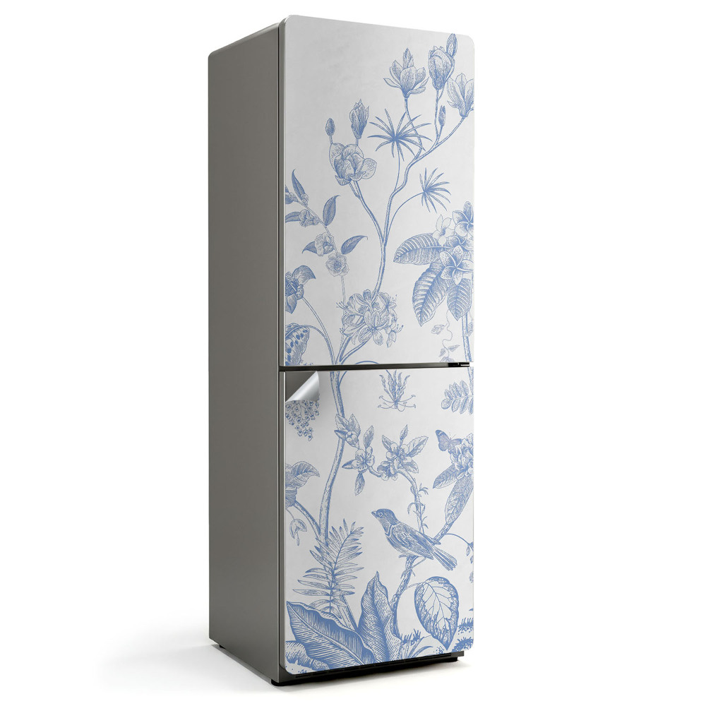 Hűtő matrica Virágos illusztráció madarakkal