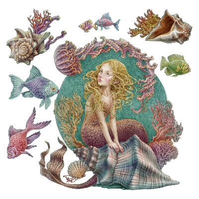 Falmatricák babaszobába 80x71 Egy rajzfilm sellő és kagylókból készült tengeri tájkép