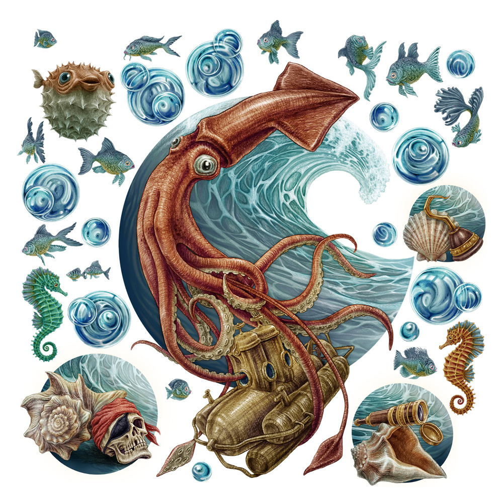 Nagyméretű falmatricák 80x81 Víz alatti kaland stílusos tengeri élőlényekkel