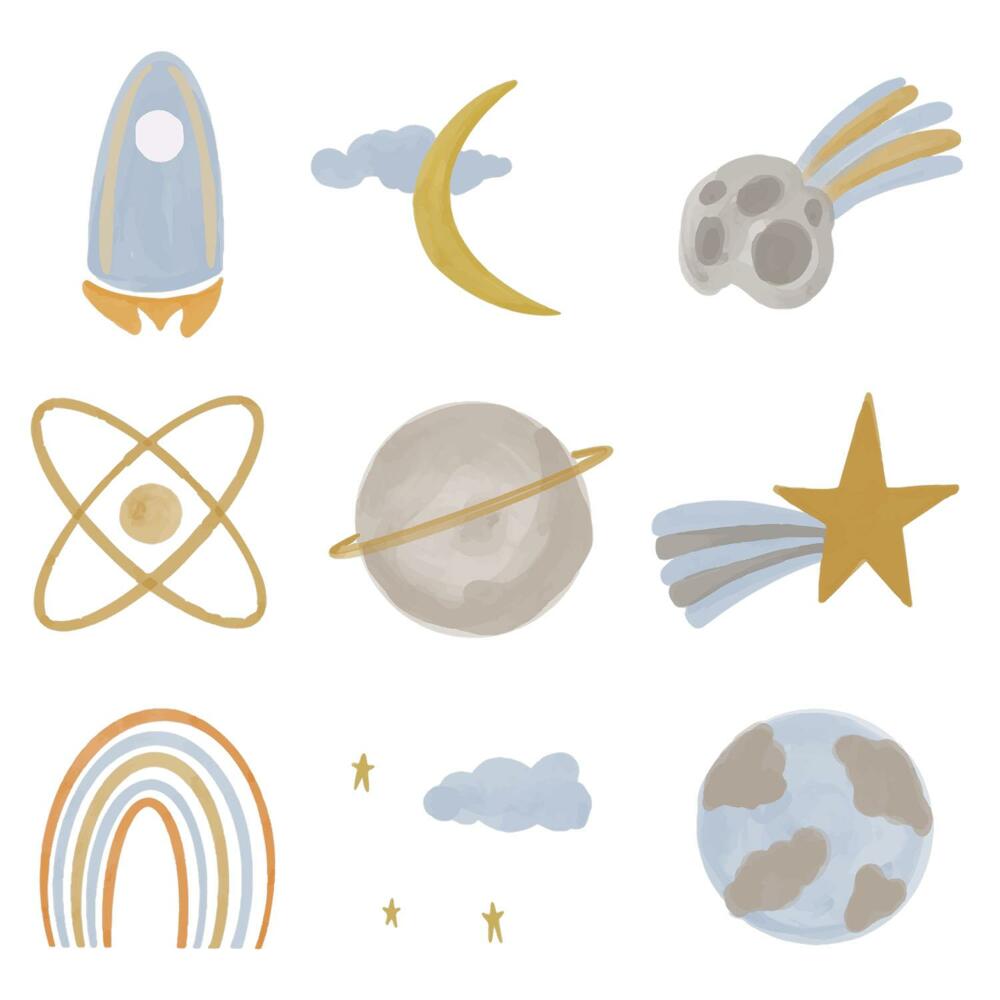 Nagyméretű falmatricák 80x134 Pasztell rakéta motívum bolygók és csillagok között