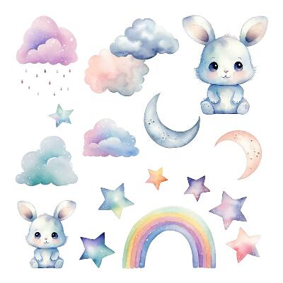 Faltetoválások 80x107 Akvarell nyuszik szivárványos égbolton és holdakon