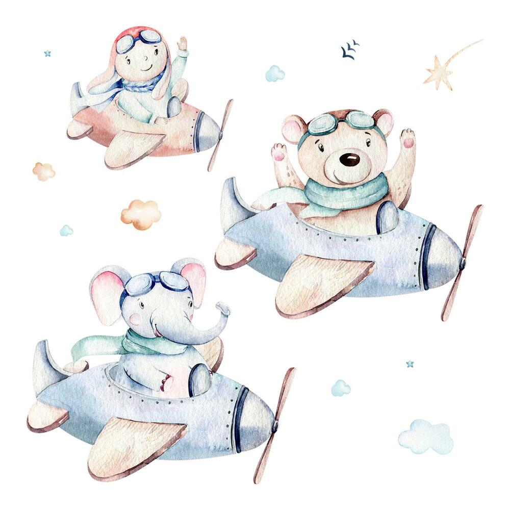 Nagyméretű falmatricák 80x123 Akvarell elefánt medve egy fiúval a repülőgépeken