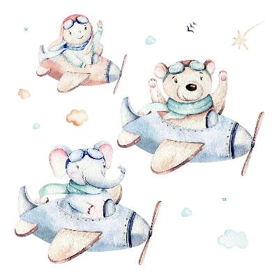 Nagyméretű falmatricák 80x123 Akvarell elefánt medve egy fiúval a repülőgépeken