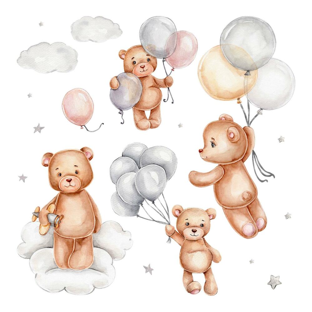 Falmatricák babaszobába 80x120 Pasztell színű mackók lufikkal a felhőkben