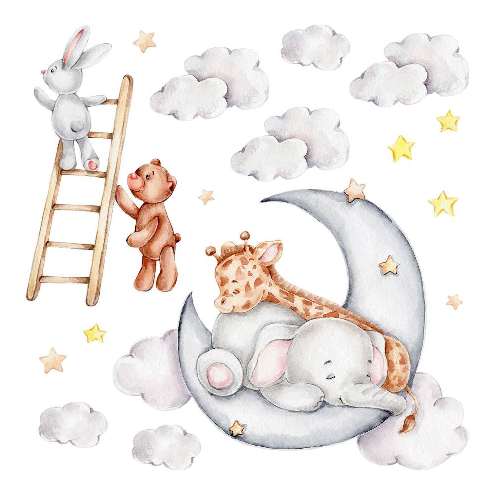 Nagyméretű falmatricák 80x109 Hold akvarell állatokkal és felhőkkel