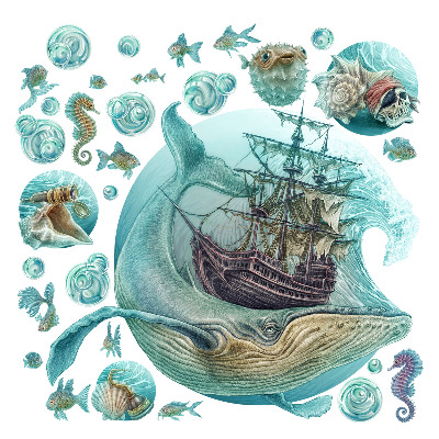 Nagyméretű falmatricák 80x94 Tengeri történet pasztellszínű állatokkal