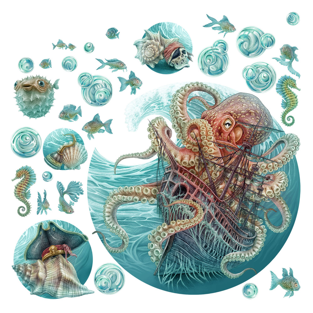 Nagyméretű falmatricák 80x93 A polipok víz alatti királysága pasztell színekben