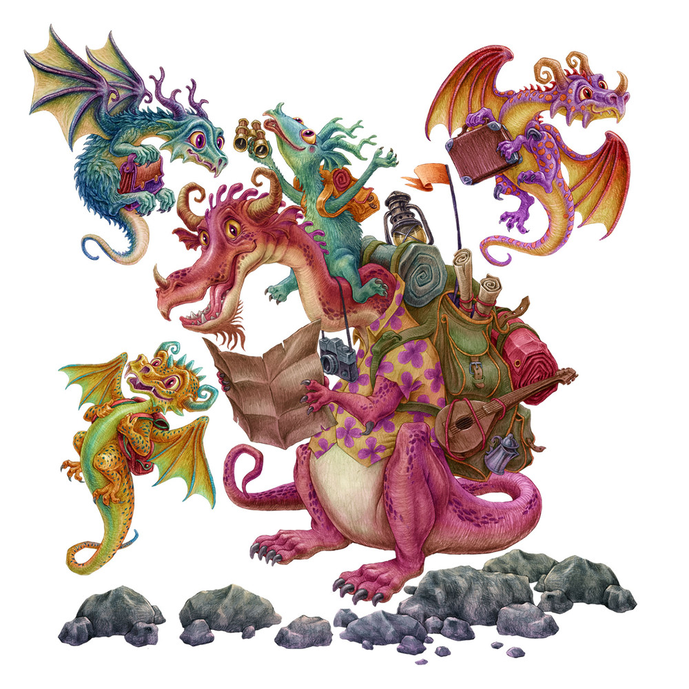 Nagyméretű falmatricák 60x80 Rajzfilm sárkányok színes mesebeli környezetben