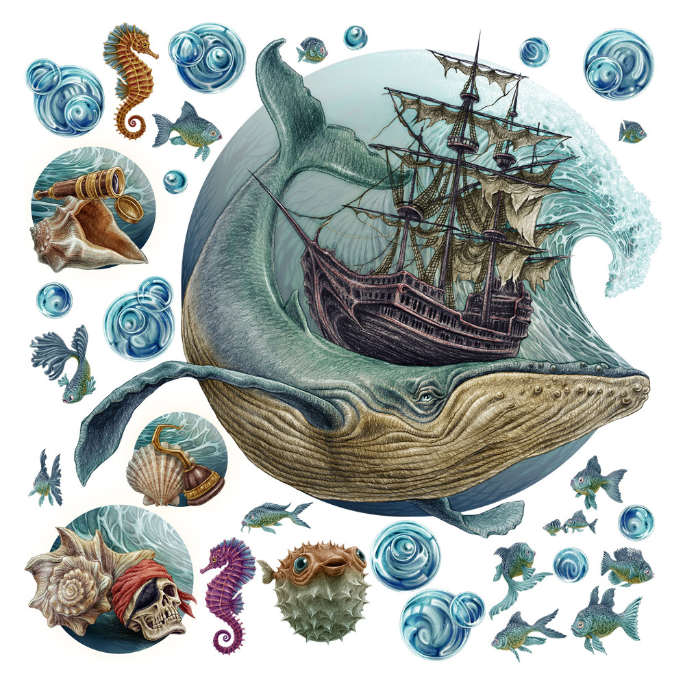 Gyerekszobai fali dekorációk 60x73 A hajók és tengeri élőlények rajzfilmvilága