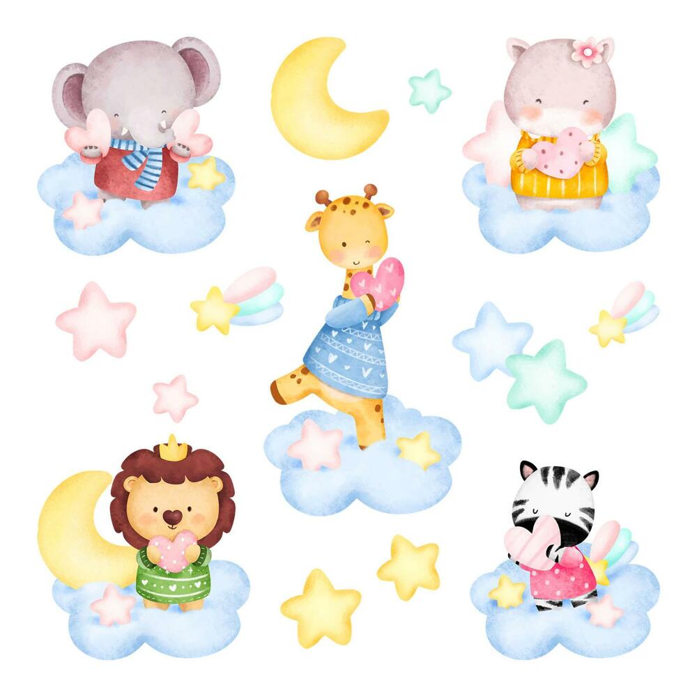 Nagyméretű falmatricák 60x92 Állatok felhőkben a csillagok hátterében, akvarell pasztell