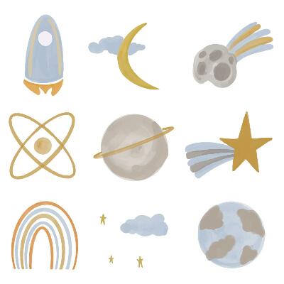 Nagyméretű falmatricák 60x100 Pasztell rakéta motívum bolygók és csillagok között