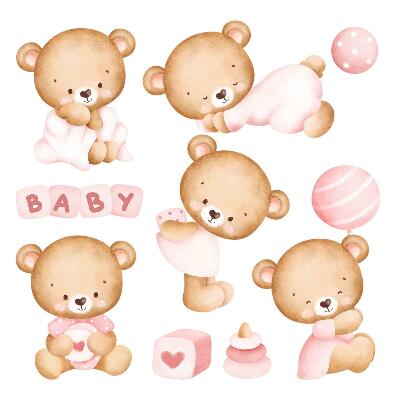 Gyerekszobai fali dekorációk 60x105 Bájos mackók finom akvarell stílusban