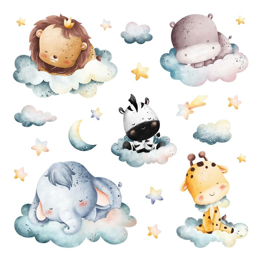 Gyerekszobai fali dekorációk 60x89 Pasztell színű állatálmok az éjszakai felhőkön