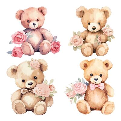 Gyerekszobai fali dekorációk 60x77 Virágos mackók bájos akvarell kompozícióban