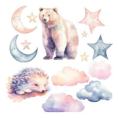 Gyerekszobai fali dekorációk 60x107 Pasztell állatok és egy éjszakai égbolt akvarell hangulatban