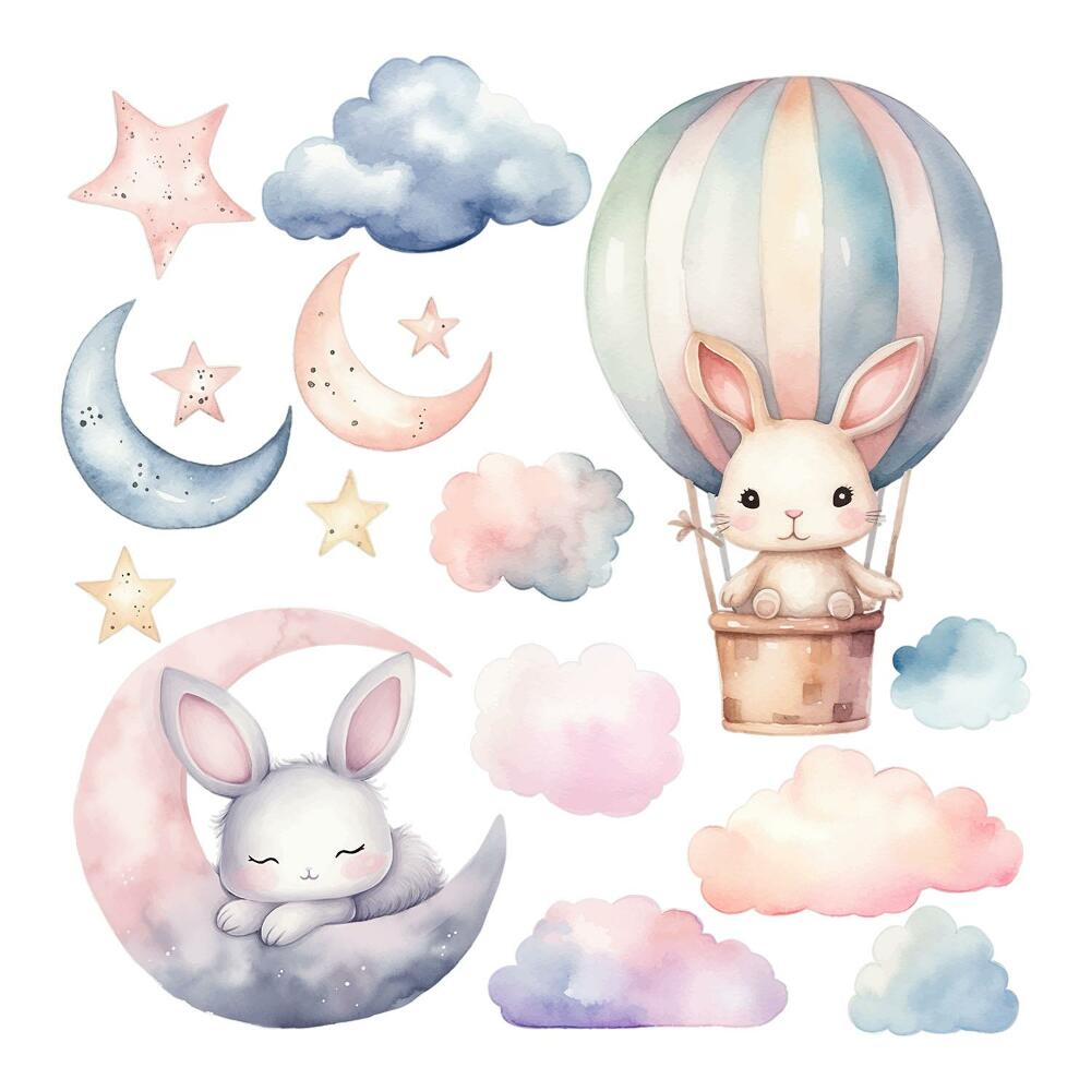 Nagyméretű falmatricák 60x80 Éjszakai léggömb aranyos akvarell nyulakkal