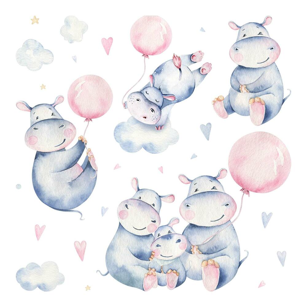 Nagyméretű falmatricák 60x102 Aranyos vízilovak felhők és lufik között