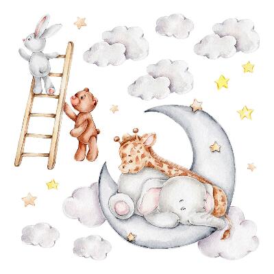 Nagyméretű falmatricák 60x82 Hold akvarell állatokkal és felhőkkel