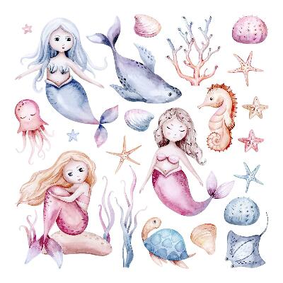 Gyerekszobai fali dekorációk 60x76 Pasztell sellők akvarell tengeri tájképen