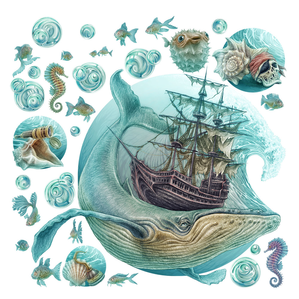 Nagyméretű falmatricák 60x71 Tengeri történet pasztellszínű állatokkal