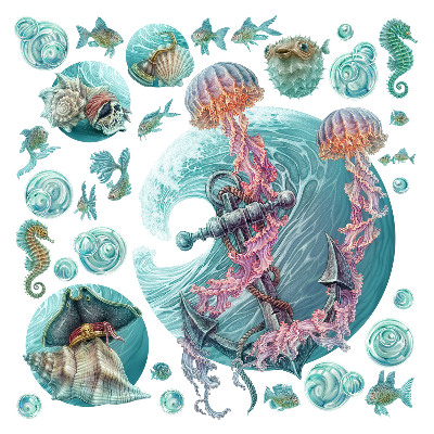 Nagyméretű falmatricák 60x62 A tengeri állatok rajzfilmvilága pasztellben