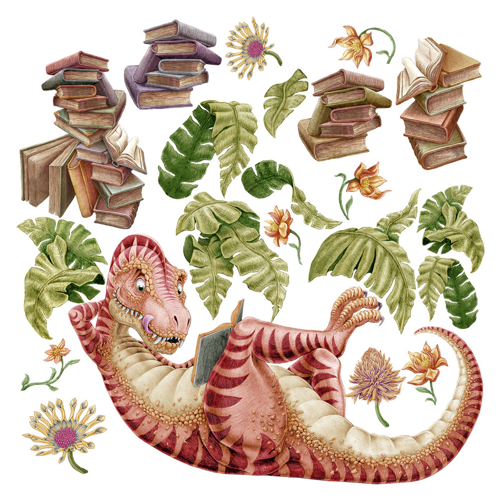 Faltetoválások 60x90 Egy rajzfilm dinoszaurusz levelekben és pasztellkrétákban