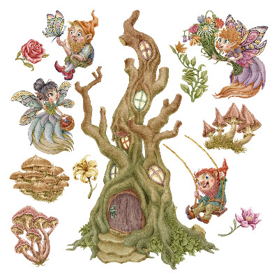 Nagyméretű falmatricák 60x62 Törpék egy varázslatos erdőben, pasztellszínű házzal