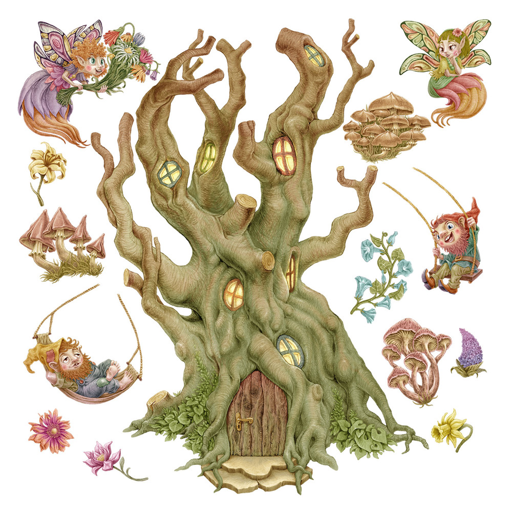 Gyerekszobai fali dekorációk 60x96 Törpék és tündérek egy pasztellszínű erdőben