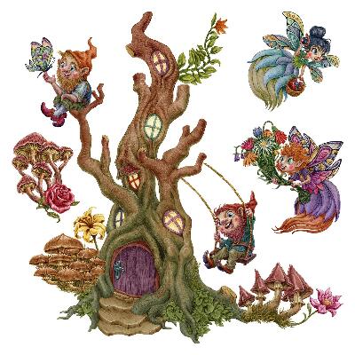 Nagyméretű falmatricák 100x104 Törpék és tündérek erdei környezetben
