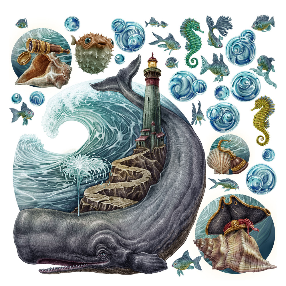 Nagyméretű falmatricák 100x118 Egy rajzfilmfigura világa víz alatti lényekkel és világítótornyokkal